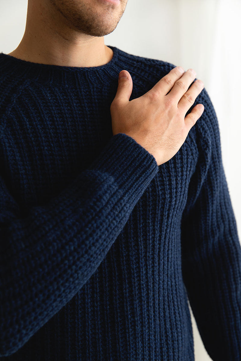 mens navy blue super fine geelong lambs wool fisherman rib jumper sweater