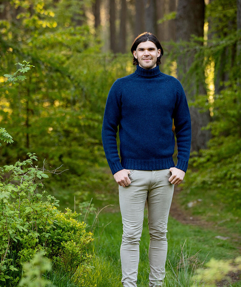 mens navy blue polo neck jumper turtle sweater chunky lambs wool