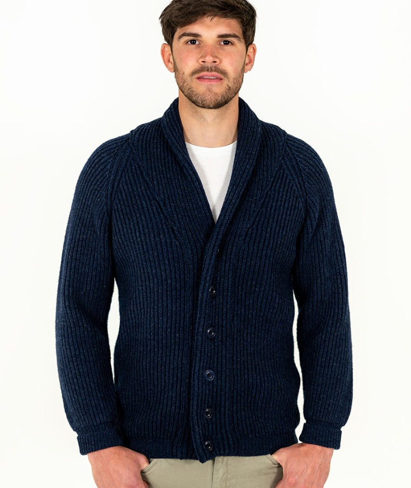 mens navy blue warm ribbed shawl collar cardigan