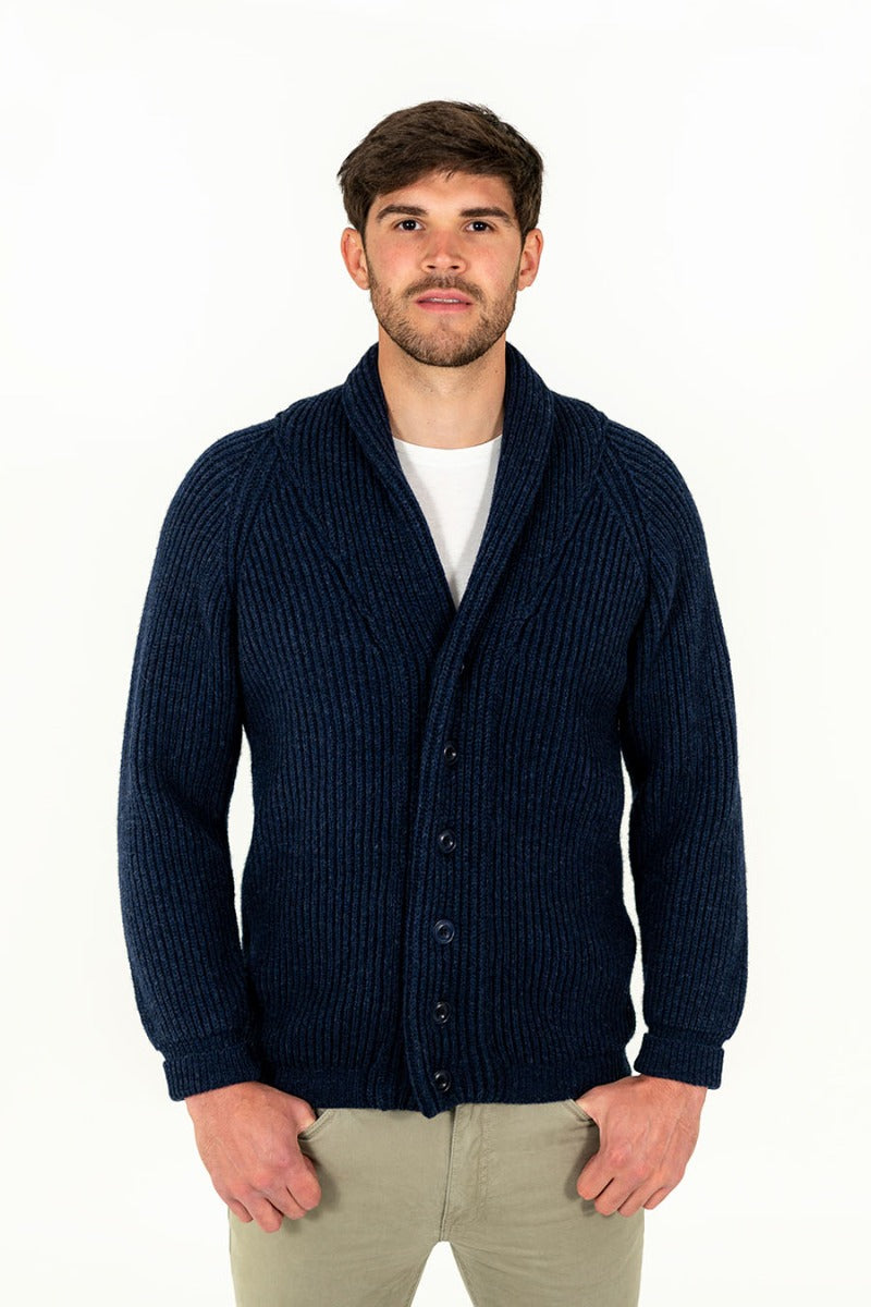 mens navy blue warm ribbed shawl collar cardigan