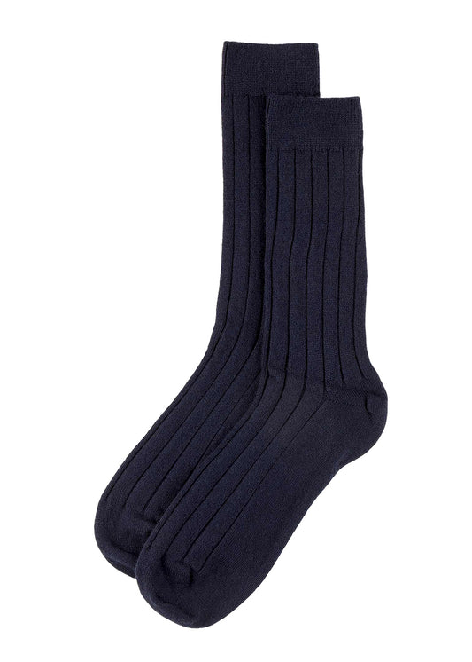 A pair of navy blue mens ribbed cashmere socks on a white background