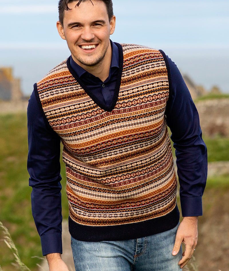 Mens fair isle sleeveless jumper sweater vest. navy blue gold. slipover tank top