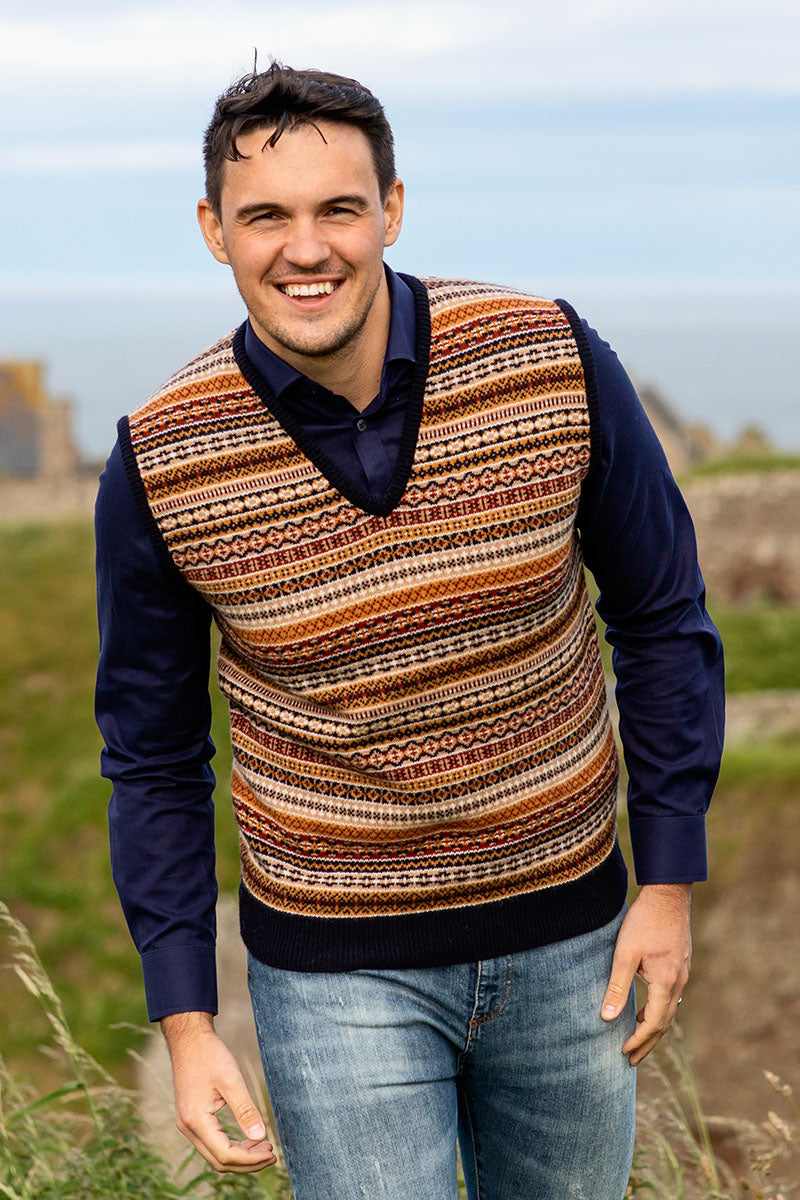 Mens fair isle sleeveless jumper sweater vest. navy blue gold. slipover tank top
