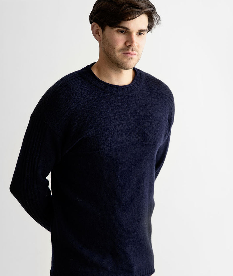 Mens navy shetland wool gansey jumper guernsey sweater blue 