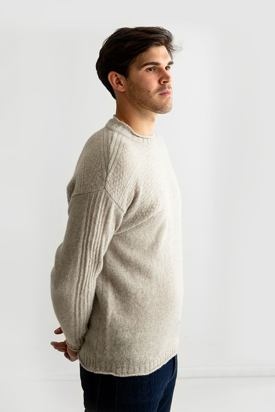 Mens putty beige gansey guernsey jumper sweater shetland wool