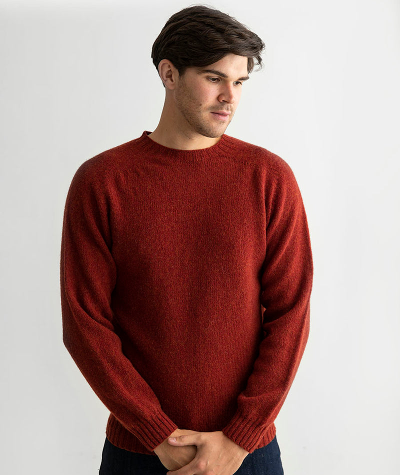 mens red shetland wool jumper sweater russet saddle shoulder