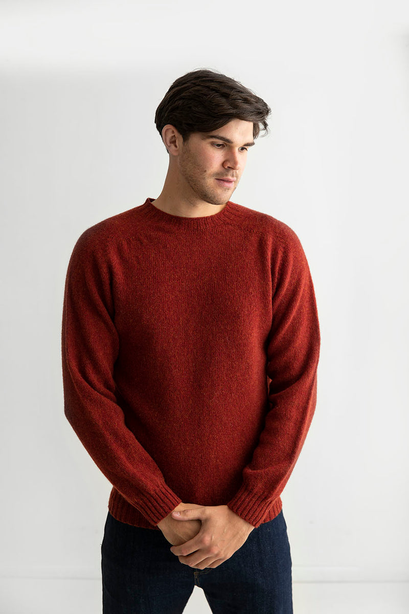 mens red shetland wool jumper sweater russet saddle shoulder