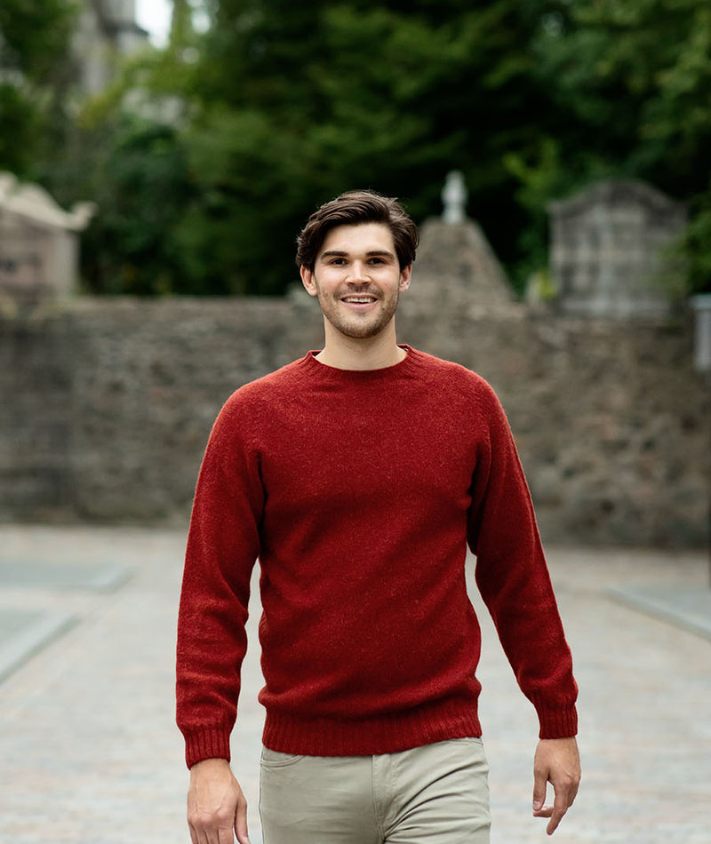 mens shetland wool jumper sweater red saddle shoulder