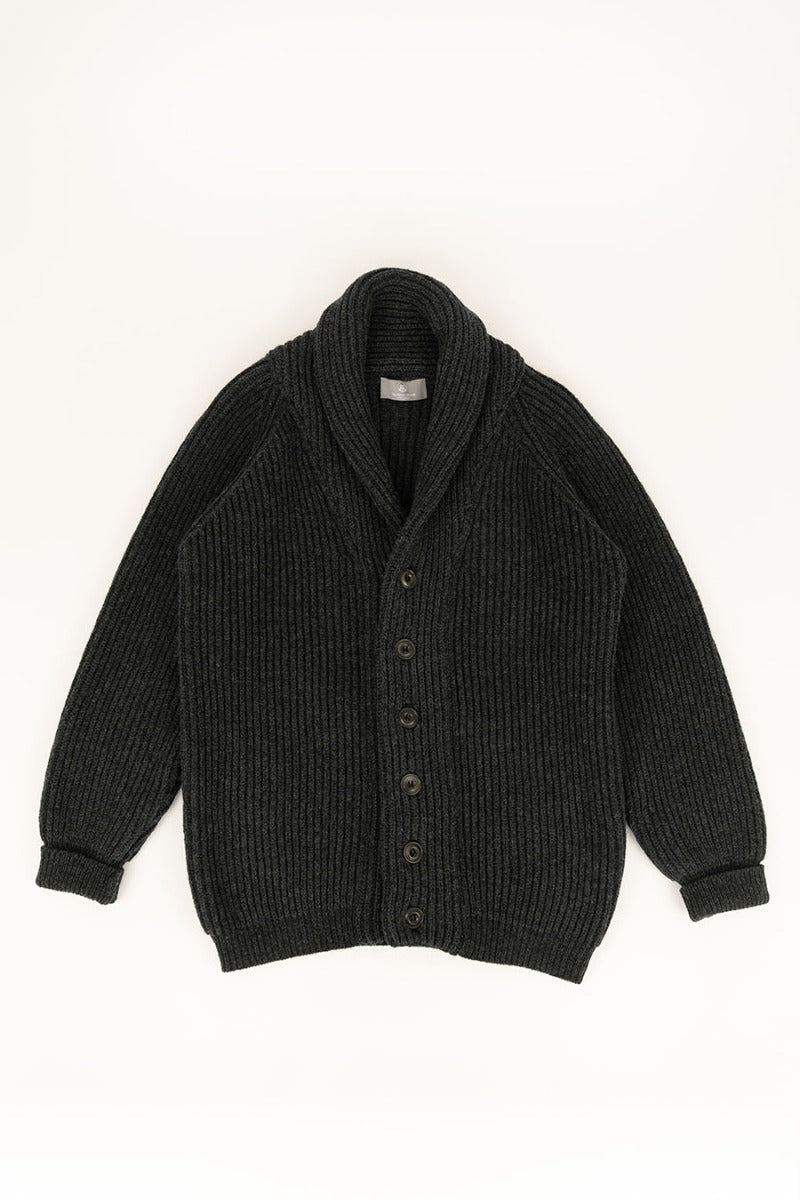mens ribbed shawl collar wool cardigan charcoal grey