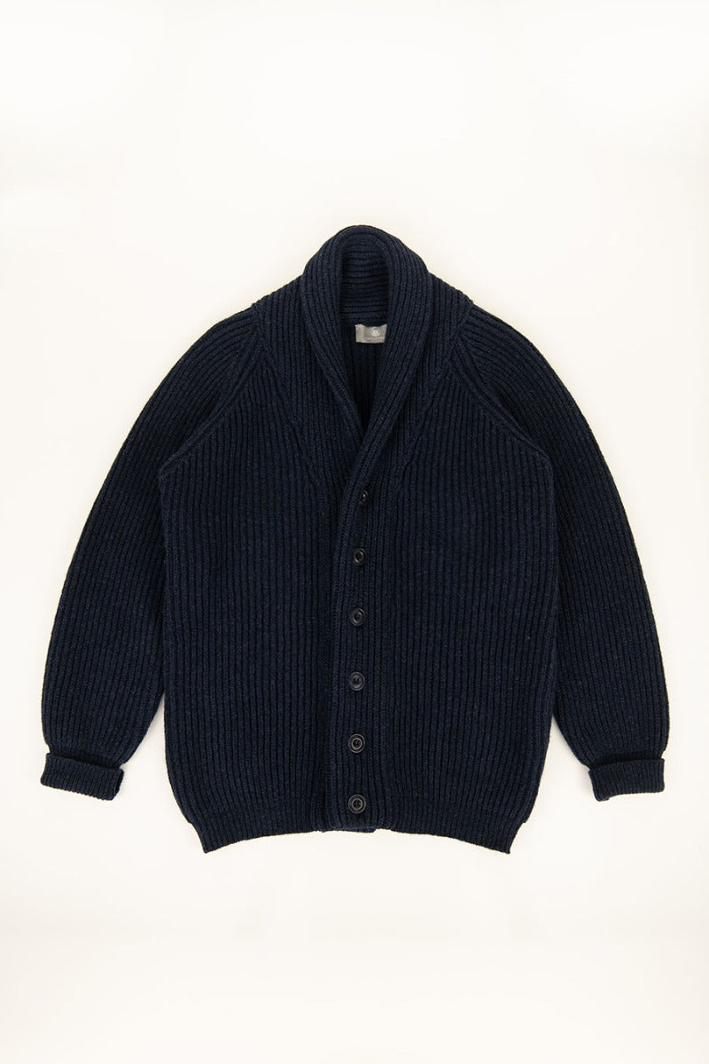 mens ribbed shawl collar wool cardigan navy blue