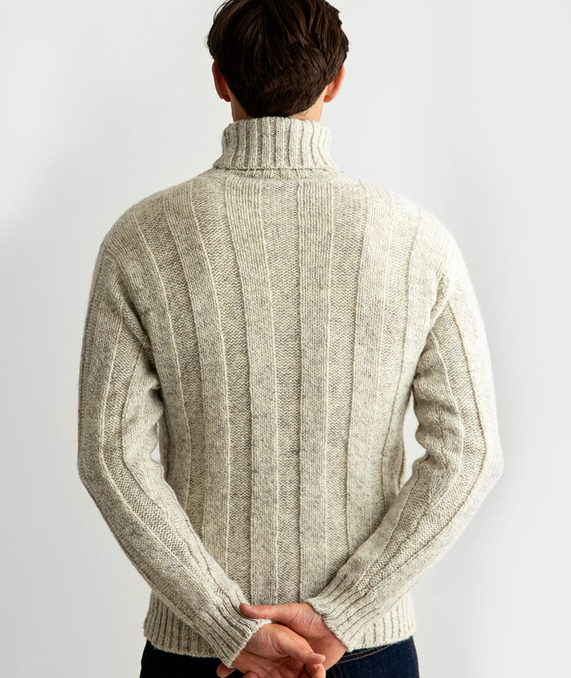 Mens natural undyed wool ribbed polo neck jumper sweater