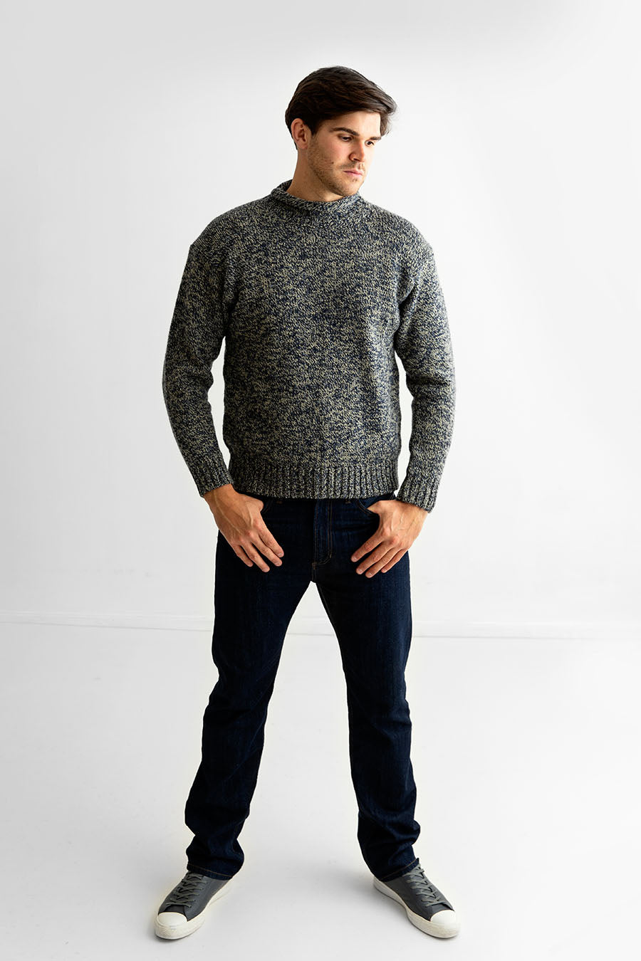 Mens wool jumper sweater roll neck blue green grey cromarty