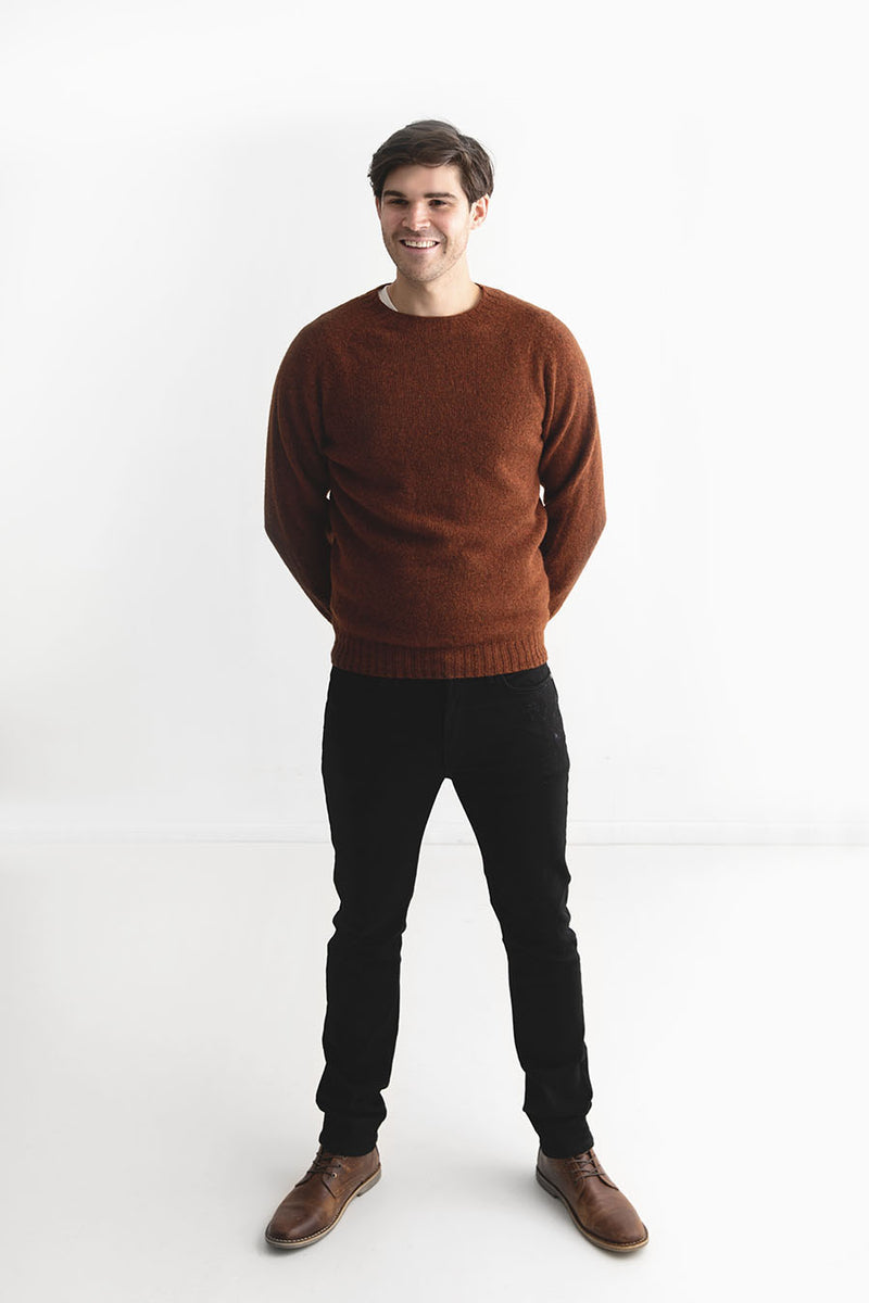 Mens rust wool shetland sweater jumper seamless saddle shoulder 