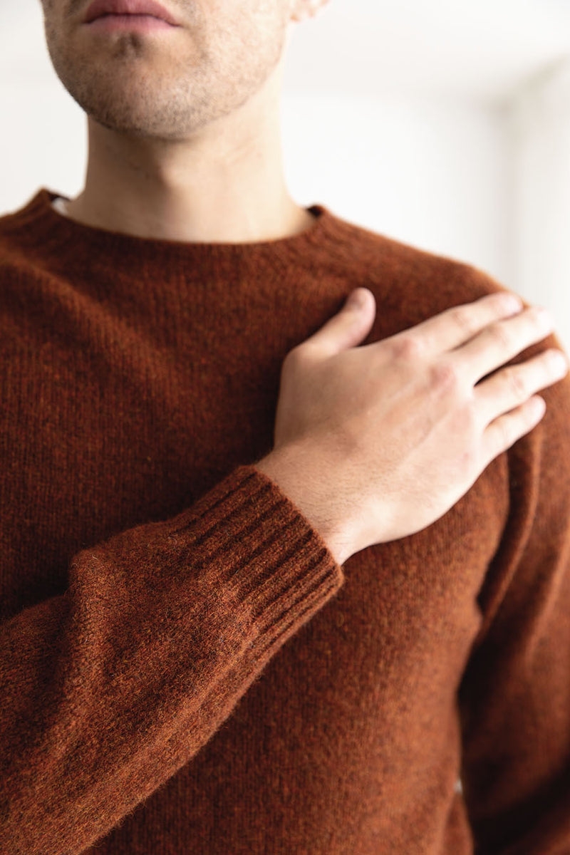 Mens rust wool shetland jumper seamless sweater saddle shoulder 