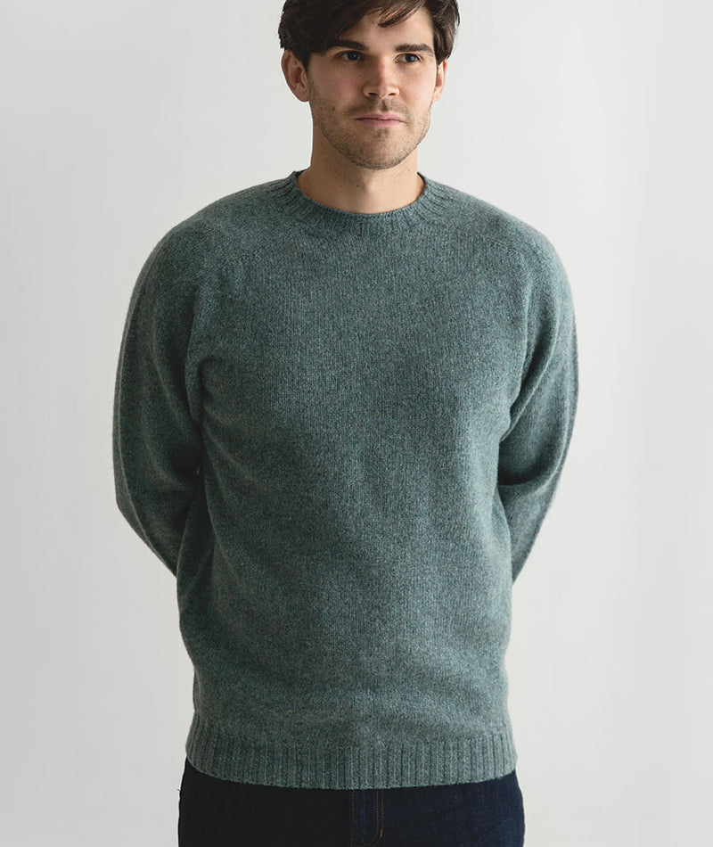 Mens Shetland wool Jumper Sweater Sage Green Seamless Saddle Shoulder