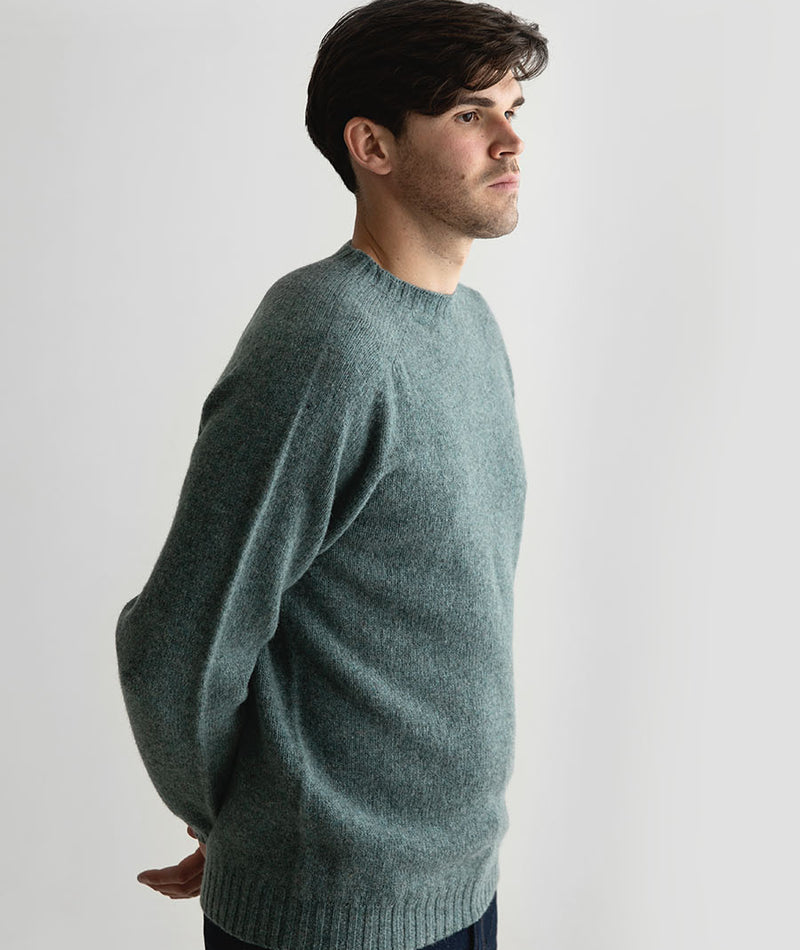 Mens Sage Green Shetland wool Jumper Sweater Seamless Saddle Shoulder