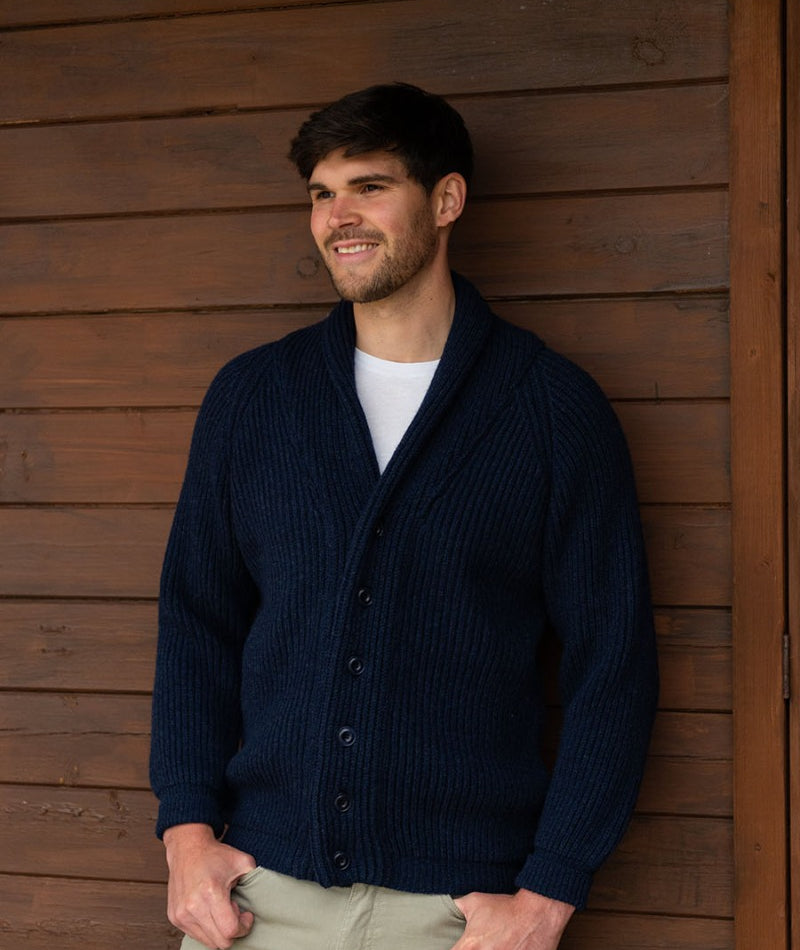 mens shawl collar cardigan chunky wool ribbed navy blue