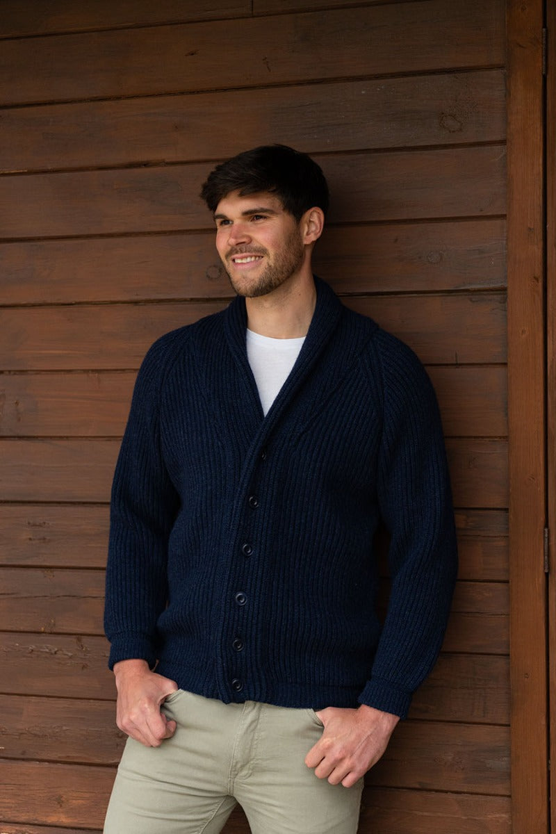 mens shawl collar cardigan chunky wool ribbed navy blue