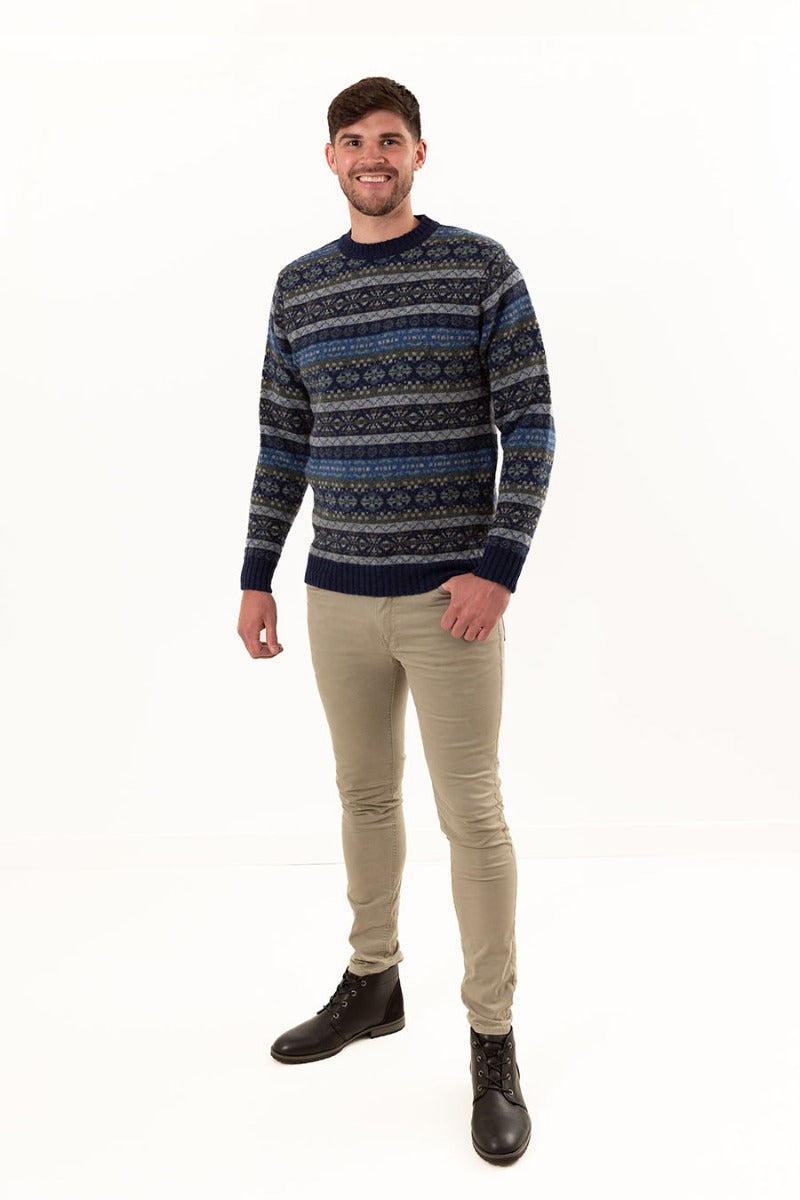 mens shetland wool blue jumper sweater fair isle drumtochty
