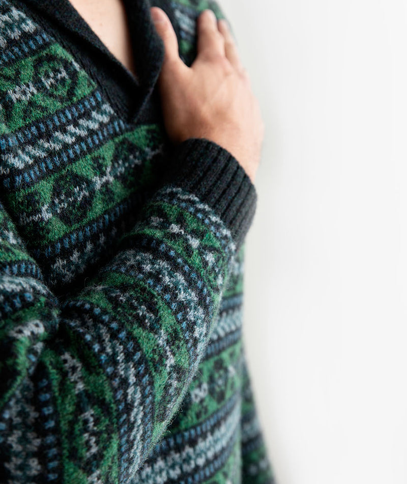 mens green blue shetland wool fair isle jumper sweater Lerwick