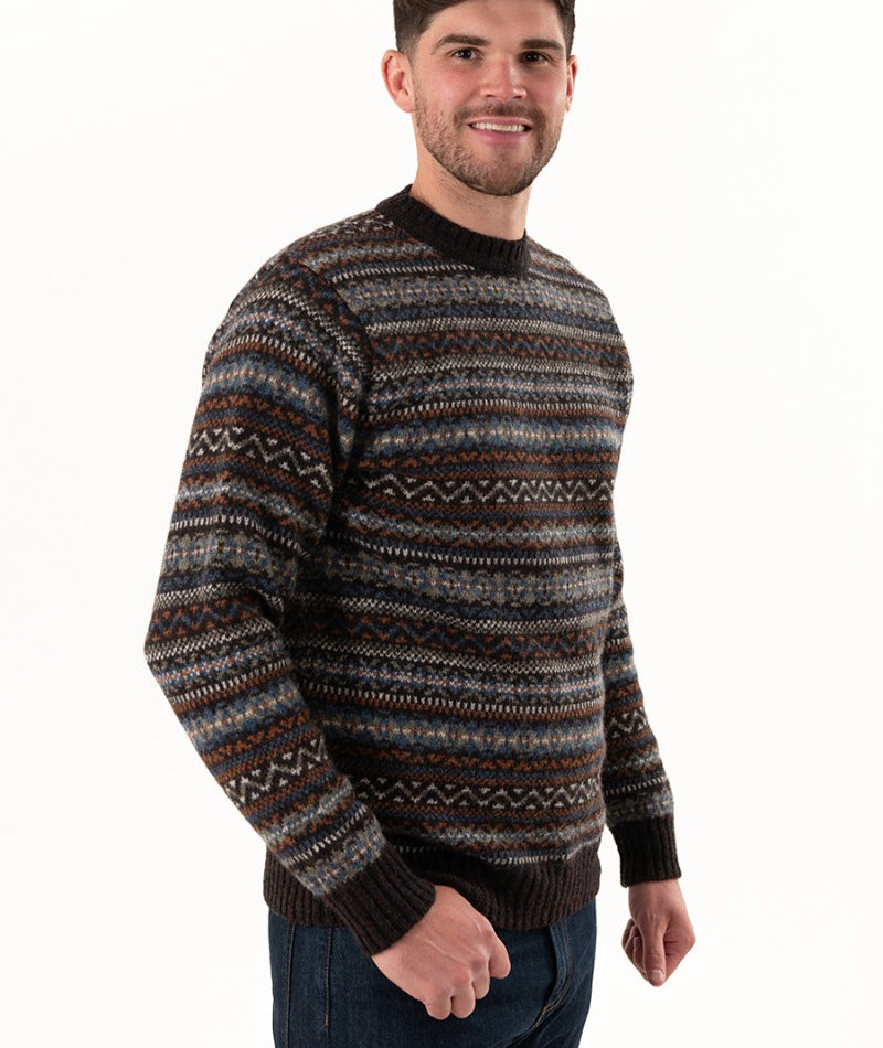 mens shetland wool fair isle jumper sweater kinnaird brown rust