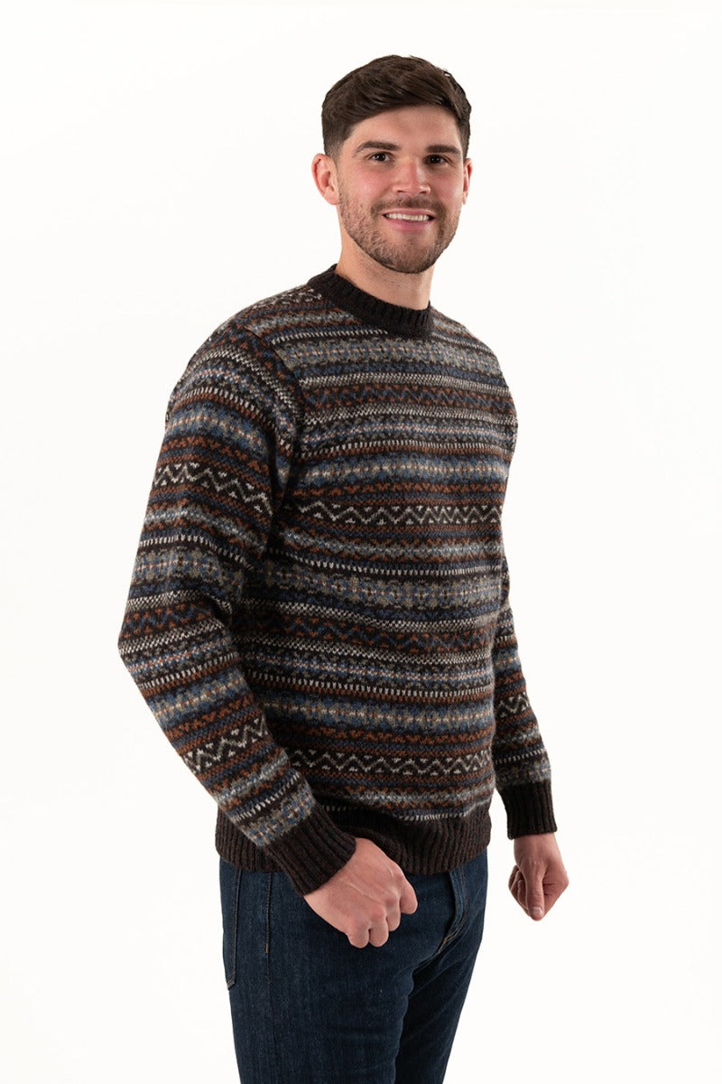 mens shetland wool fair isle jumper sweater kinnaird brown rust