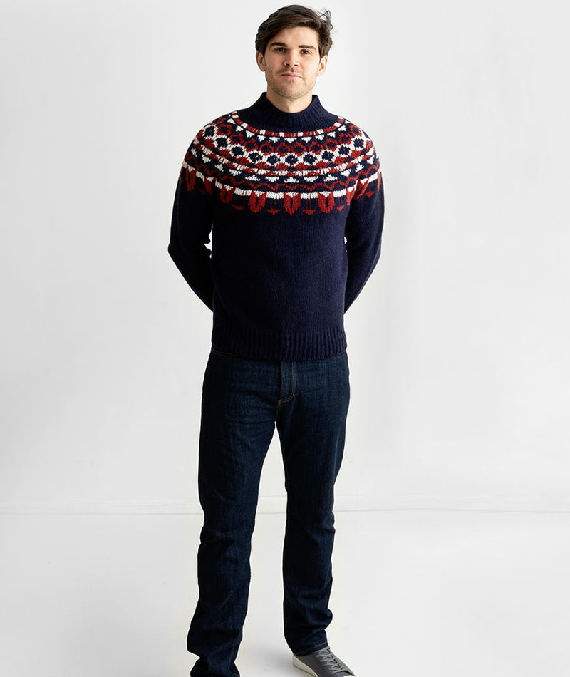 mens navy blue red fair isle chunky jumper sweater brodgar yoke wool