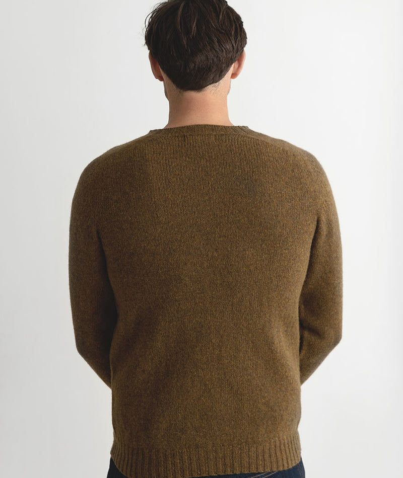 mens shetland jumper sweater dark olive brown saddle shoulder