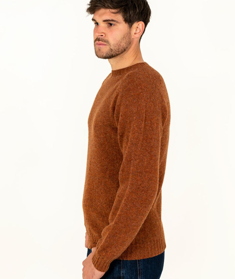 mens shetland wool sienna rust jumper sweater crew saddle shoulder seamless