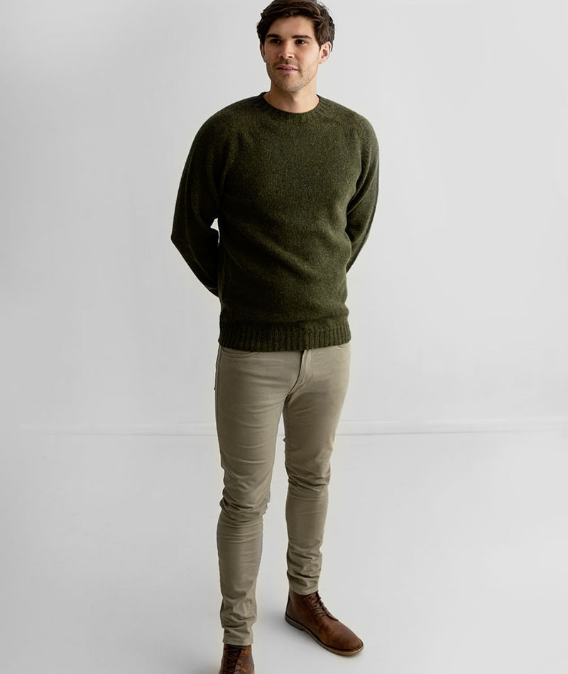 mens green shetland wool jumper sweater saddle shoulder loden khaki