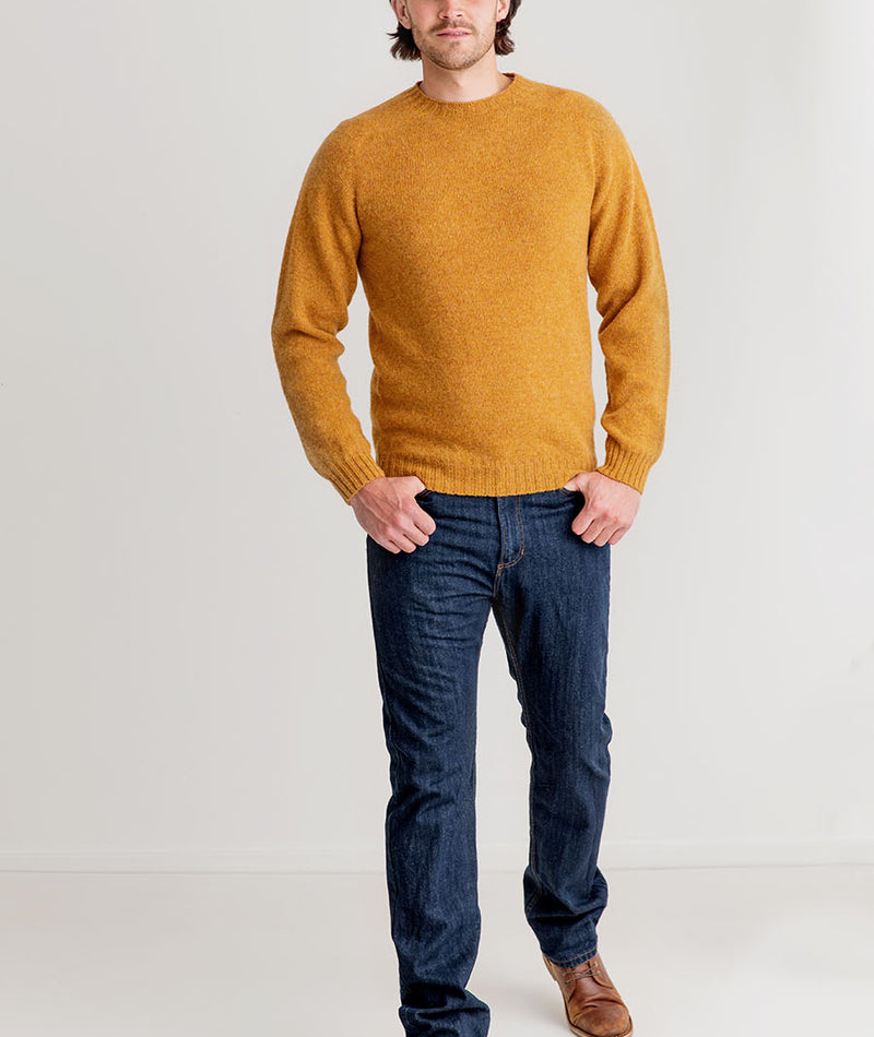 mens shetland wool jumper sweater mustard yellow cummin