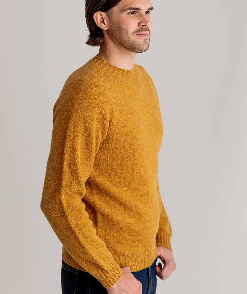 mens shetland wool yellow mustard jumper sweater crew saddle shoulder seamless