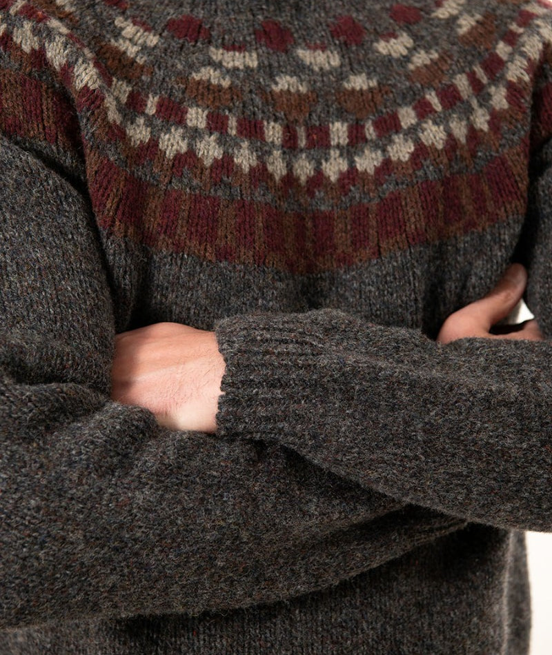 mens shetland wool yoke fair isle jumper sweater grey staffa