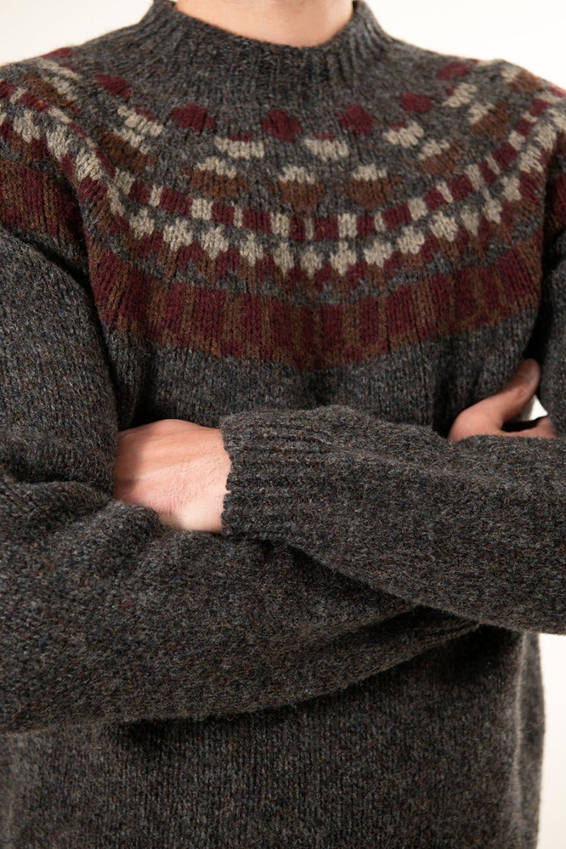 mens shetland wool yoke fair isle jumper sweater grey staffa