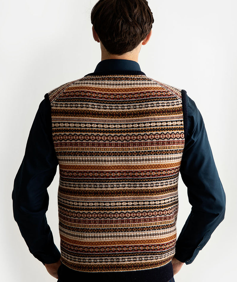 mens wool fair isle jumper sweater vest navy gold tank top slip over