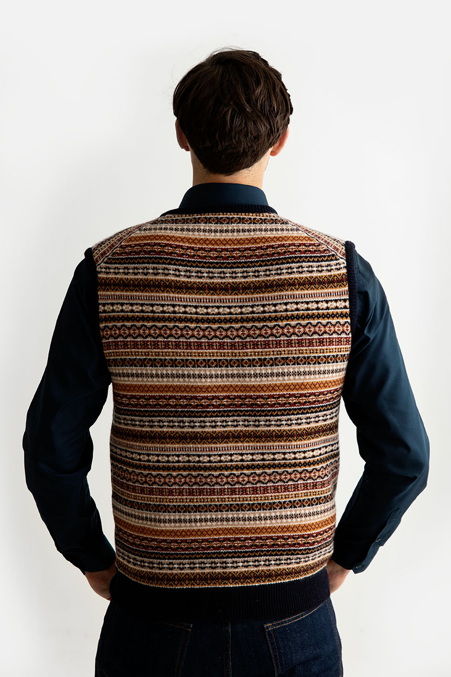 mens wool fair isle jumper sweater vest navy gold tank top slip over