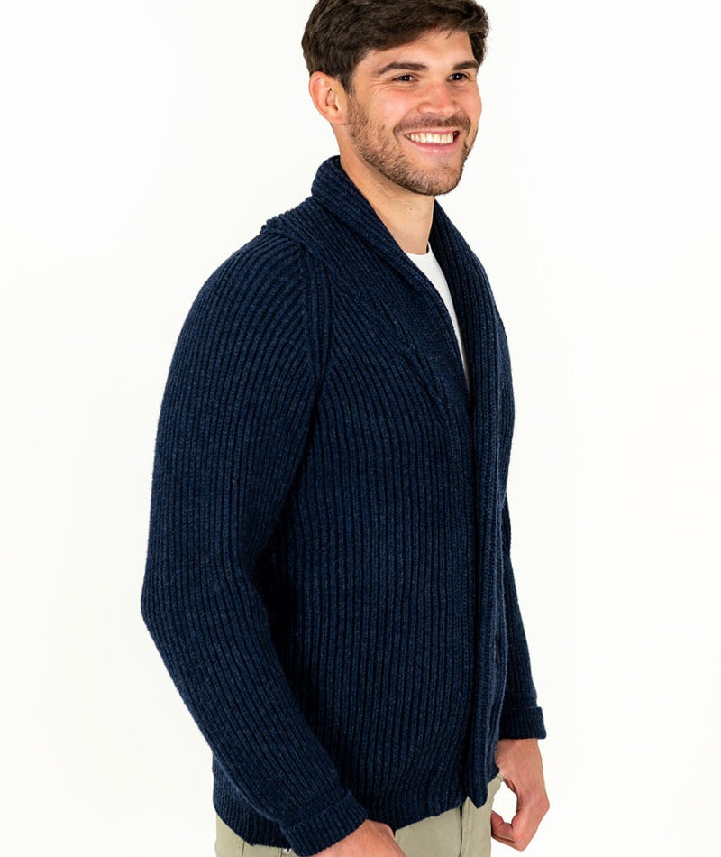 mens sustainable wool cardigan ribbed shawl collar navy blue