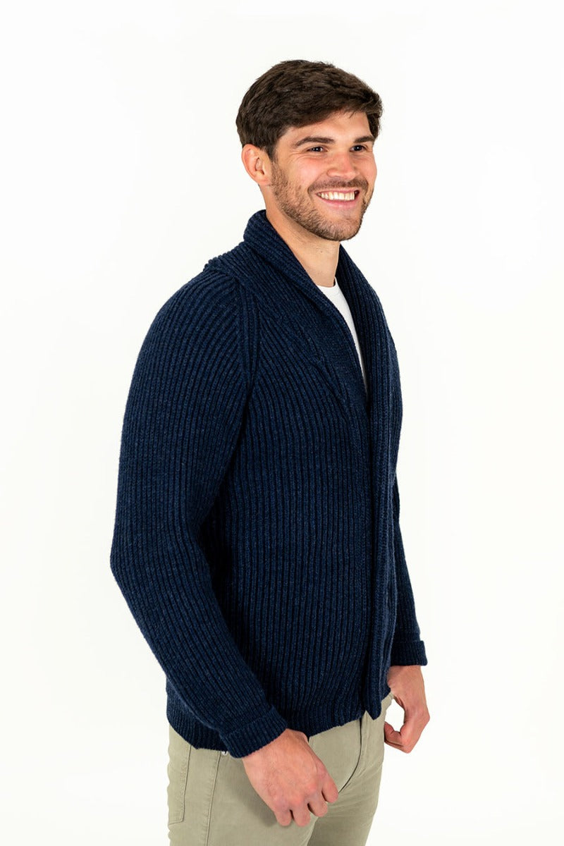 mens sustainable wool cardigan ribbed shawl collar navy blue