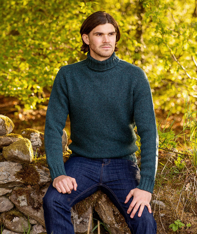mens teal chunky wool polo neck jumper turtle sweater