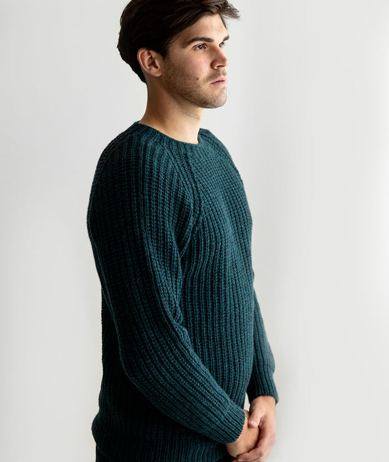 mens teal fisherman rib sweater jumper lambs wool geelong