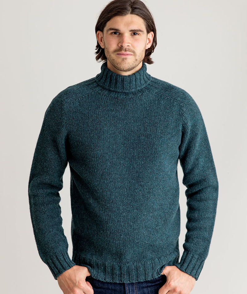 mens teal polo neck jumper sweater lambs wool chunky geelong super fine