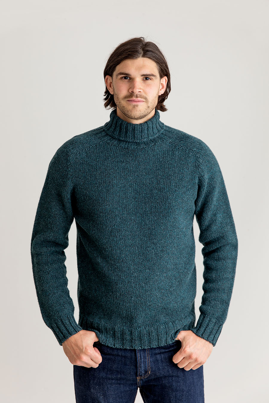 mens teal polo neck jumper sweater lambs wool chunky geelong super fine