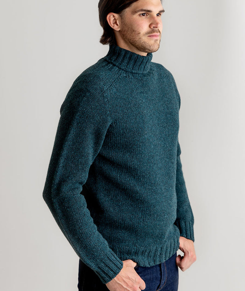 mens teal turtle neck sweater lambs wool chunky geelong super fine