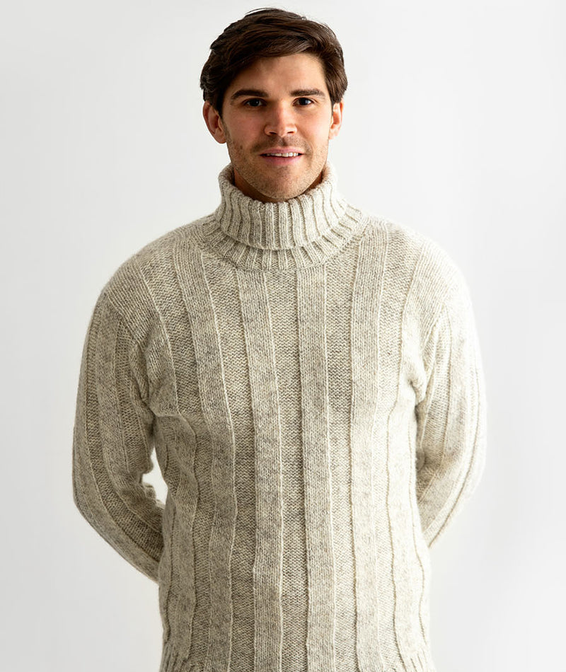 Mens undyed wool polo neck ribbed jumper turtle neck sweater