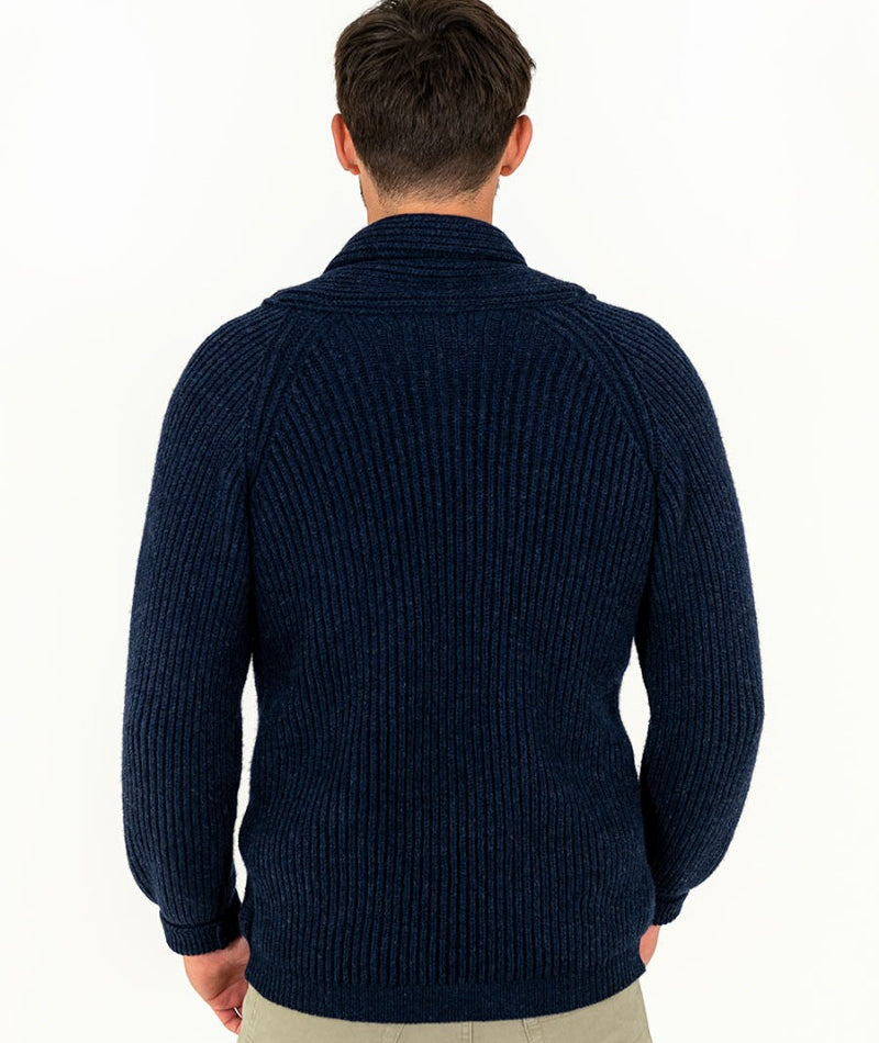 mens warm cardigan ribbed shawl collar navy blue wool