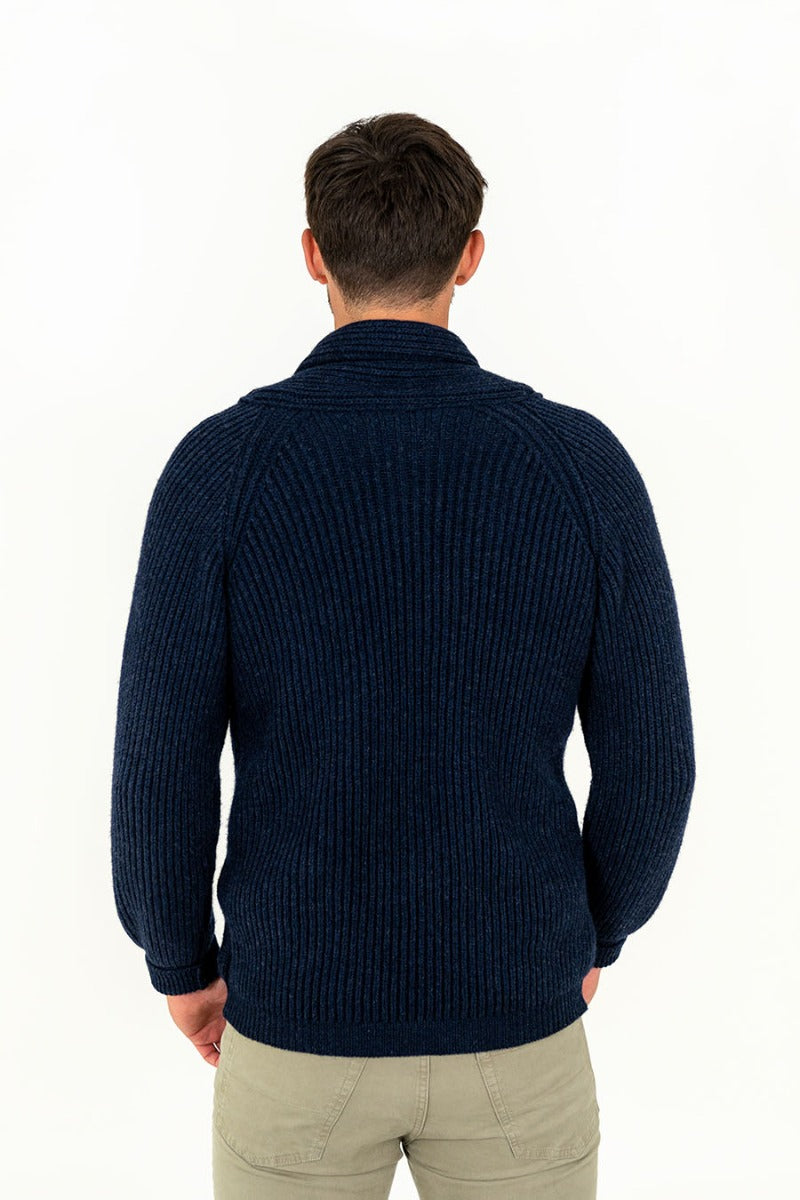 mens warm cardigan ribbed shawl collar navy blue wool