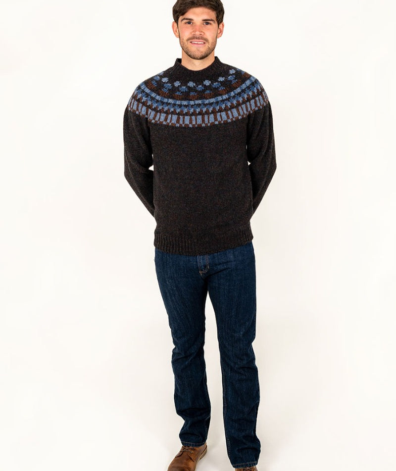wool fair isle jumper sweater for men brown staffa blue