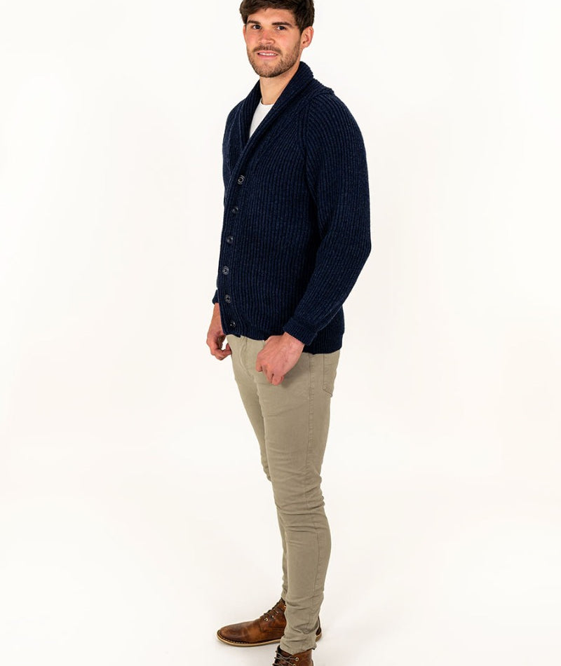 mens warm wool cardigan navy blue ribbed shawl collar