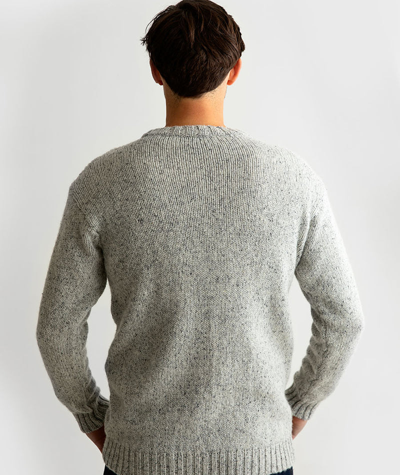 mens wool crew neck chunky jumper sweater light grey back