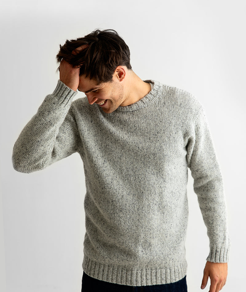 mens wool crew neck chunky jumper sweater light grey limestone